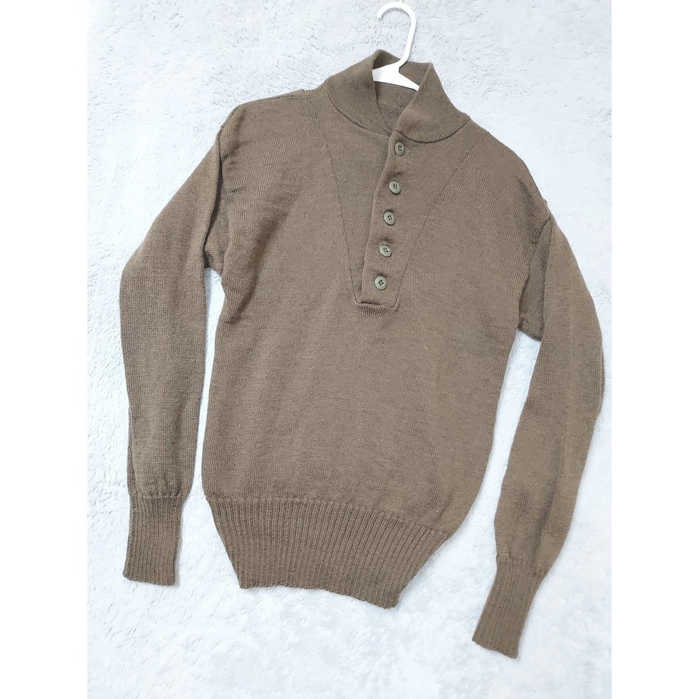 Military Sweater Mens Medium Vintage Wool Button Neck Brown Henley Elastic Waist